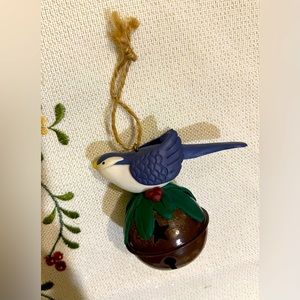 Blue and White Bird Christmas Ornament on Large Jingle Bell